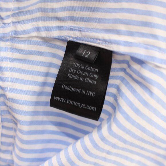 TOME NYC Blue White Pinstripe Drawstring Ruffle Hem Short Sleeve Top 12 Shirt - Picture 7 of 7
